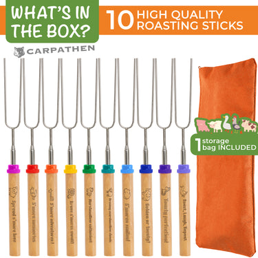 The box includes 10 high quality roasting sticks and a storage bag
